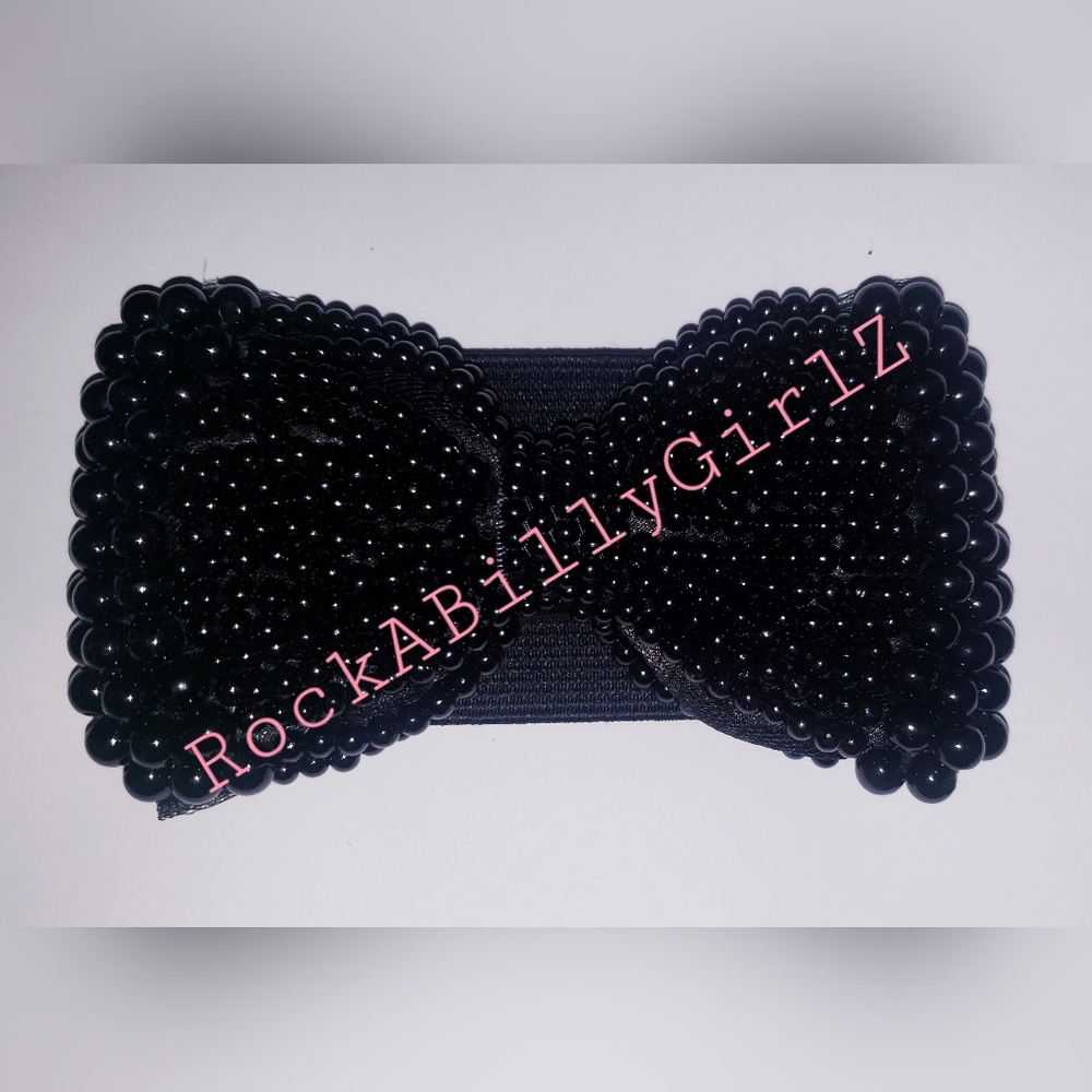 Tatyana Pinup Black Big Bow Stretch Belt w Multi Faux Pearls w Hidden Closure